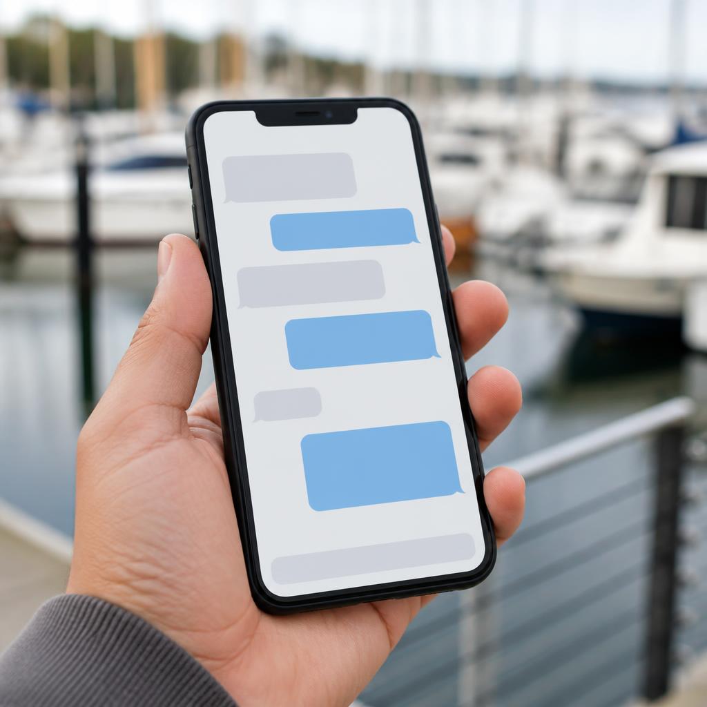 Close-up of a hand holding a phone showing a chat conversation, with a marina dock blurred behind