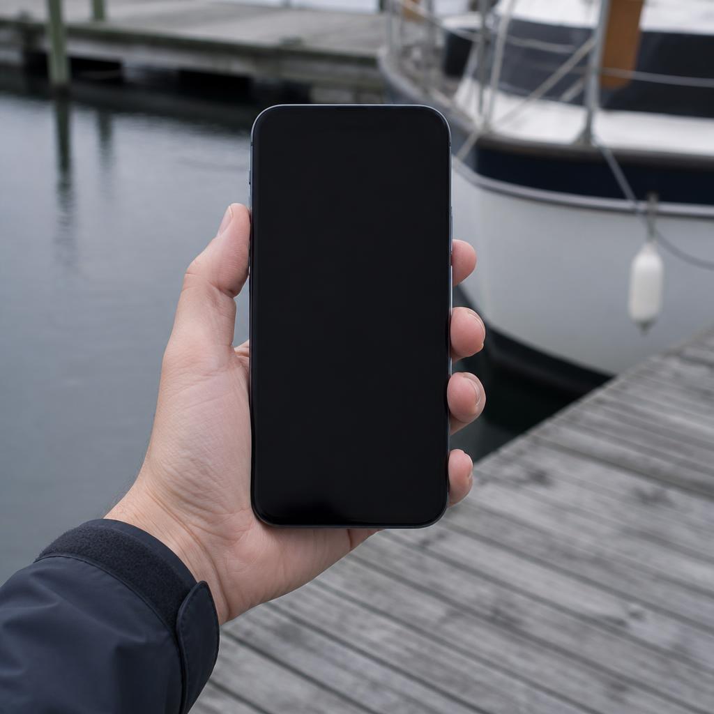 A smartphone held in the foreground with a marina dock and hull blurred behind it.