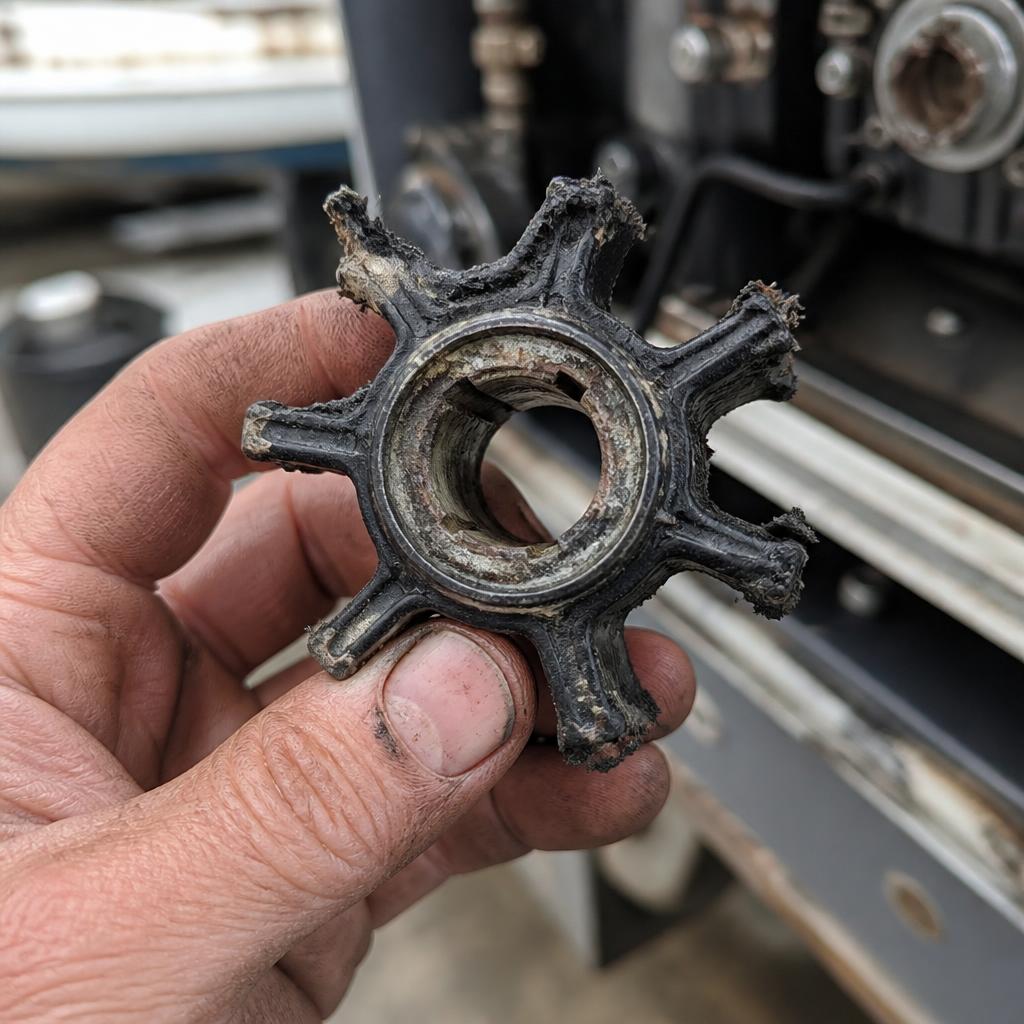 A weathered hand holding a broken, corroded marine engine impeller
